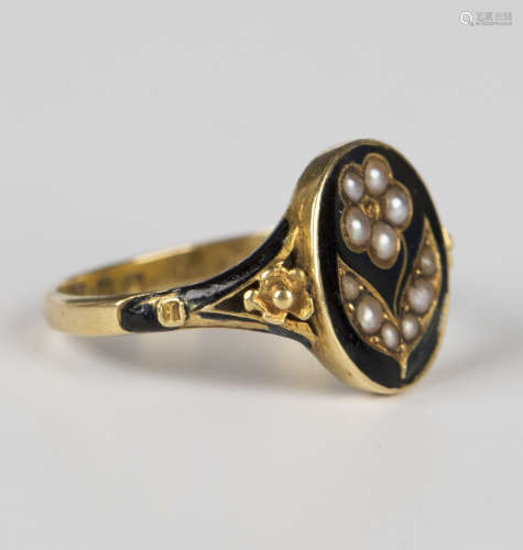 A Victorian 18ct gold, black enamelled and seed pearl mourni...