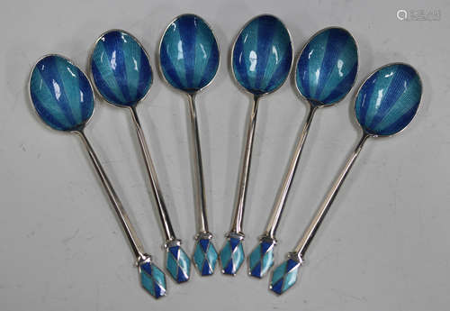 A set of six George VI silver and enamelled teaspoons, each ...