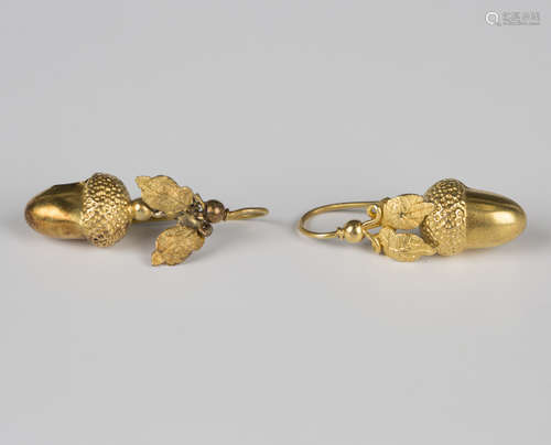 Two similar Victorian gold pendant earrings, each with an ac...