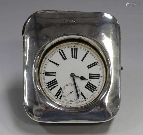 A George V silver and leather mounted travelling watch case,...