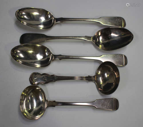 A set of three William IV silver fiddle pattern tablespoons,...