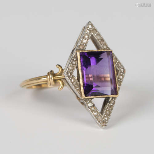 A French gold, amethyst and diamond ring, collet set with th...