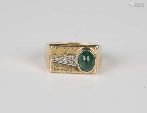 A diamond and cabochon emerald ring, mounted with an oval ca...