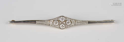 A diamond bar brooch in an Art Deco style, collet set with t...