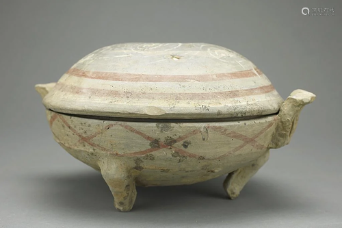 ANTIQUE CHINESE EARTHENWARE TRIPOD LIDDED BOWL