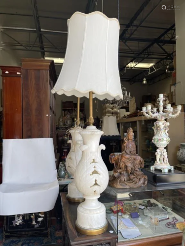 PAIR OF PIERCED ALABASTER VASES TURNED INTO LAMPS