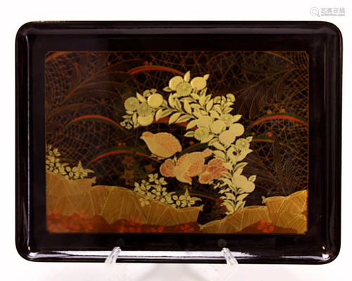 JAPANESE BLACK LACQUER TRAY WITH BIRD DESIGN