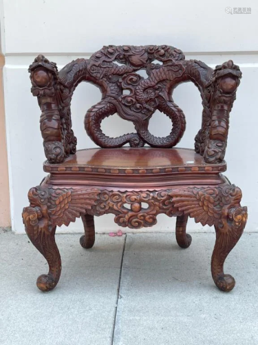 19TH C. JAPANESE HAND-CARVED RED LACQUER CHAIR