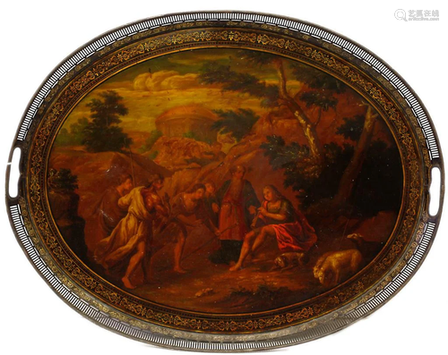 ANTIQUE HAND-PAINTED OIL PAINTING ON COPPER TRAY