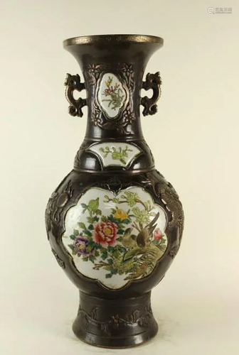 METAL ON PORCELAIN VASE, BOTH WITH FLORAL MOTIFS