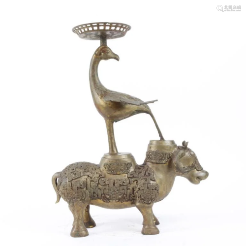 CHINESE BRONZE OF CRANE STANDING ON A COW