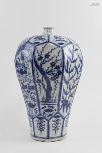 CHINESE BLUE AND WHITE OCTAGONAL MEIPING VASE