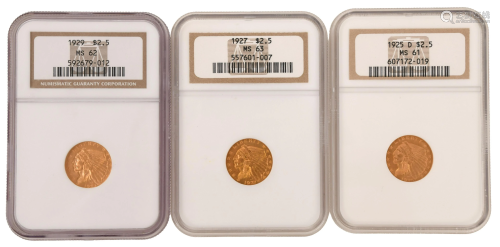 Three $2.5 Indian Head Eagle Gold Coins