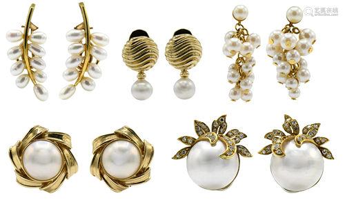 Group of 14 Karat Gold and Pearl Earrings