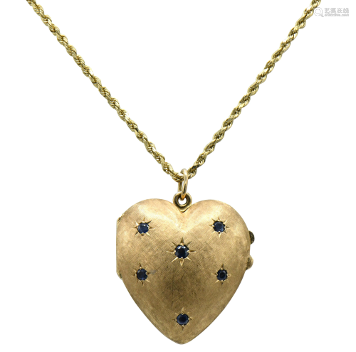 14 Karat Gold & Sapphire Locket Pendant Necklace