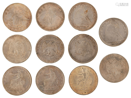 Group of Nine Silver Dollars & Two Pesos