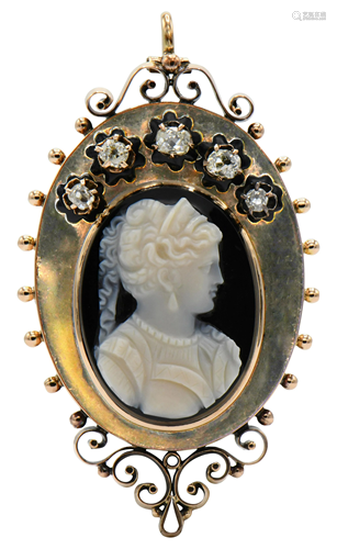 14 Karat Gold & Diamond Cameo Brooch/Pendant