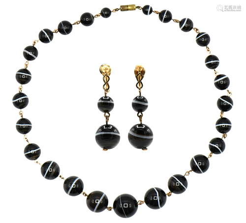 Black Agate Victorian Banded Necklace & Earrings