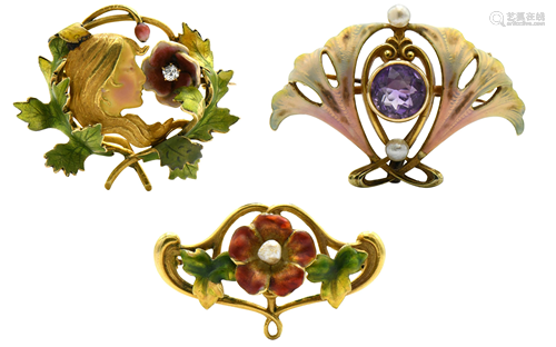 Three 14 Karat Art Nouveau Brooches