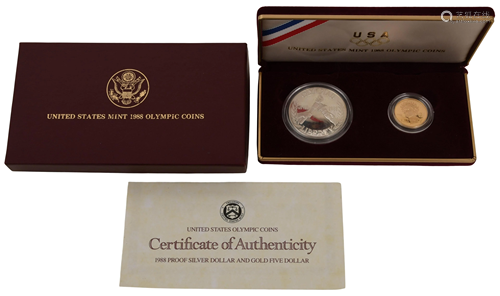 1988 Olympic Proof Silver Dollar & $5 Gold Coin