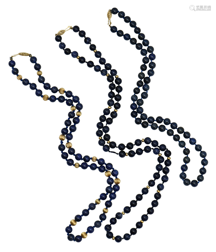 Three 14 Karat Gold & Azurite Beaded Necklaces