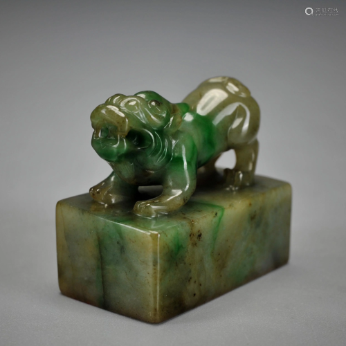 A Carved Jadeite Beast Seal Qing Dynasty