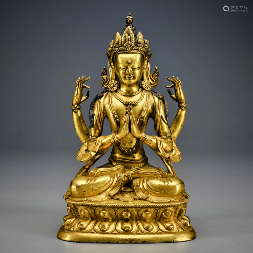 A Tibetan Gilt-bronze Multi-hands Bodhisattva