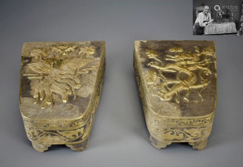 Matched Pair Carved Dragon and Phoenix Inkstands Qing