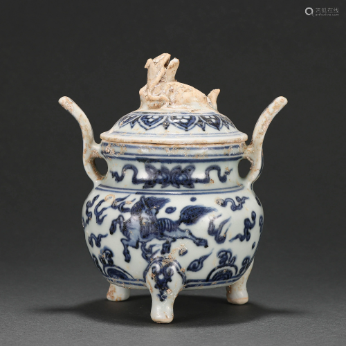 A Blue and White Beast Tripod Censer Qing Dynasty