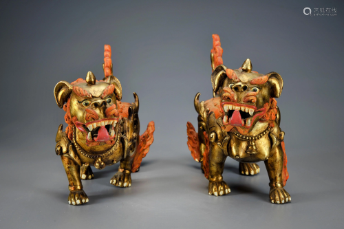 Pair Gilt-bronze Fo Dogs Qing Dynasty