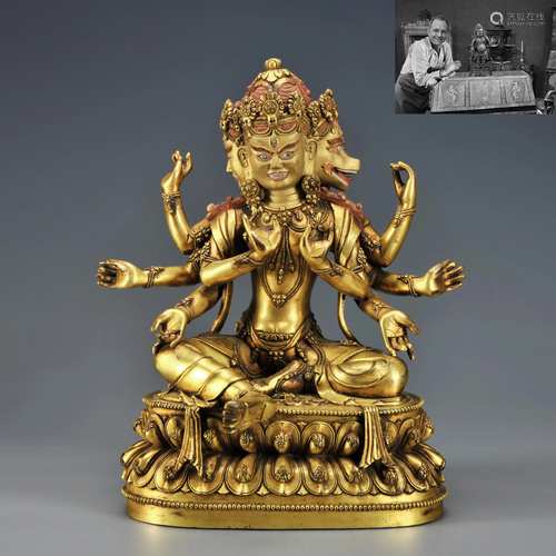 A Tibetan Gilt-bronze Seated Protective Deity