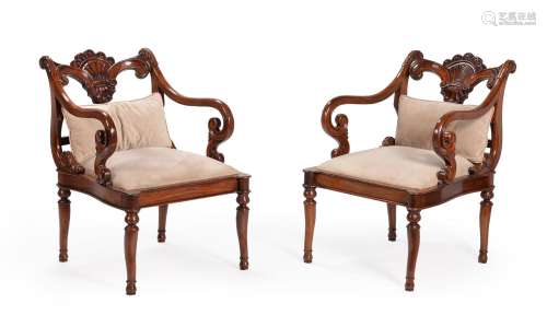 A pair of exotic hardwood open armchairs in Anglo-Indian ear...