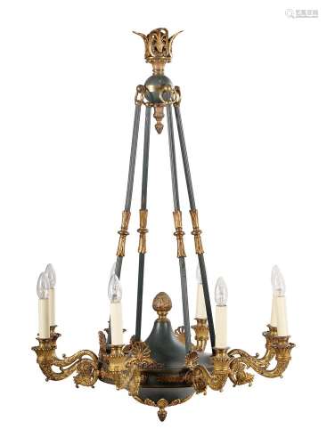 A gilt and green painted metal eight branch chandelier