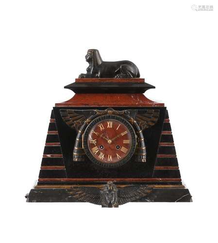 A French Egyptian revival bronze mounted marble mantel clock