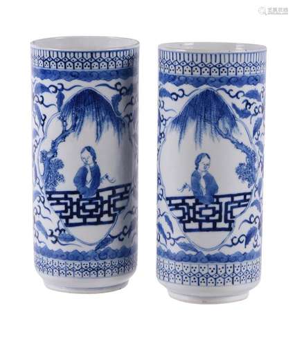 A pair of Chinese blue and white cylindrical vases