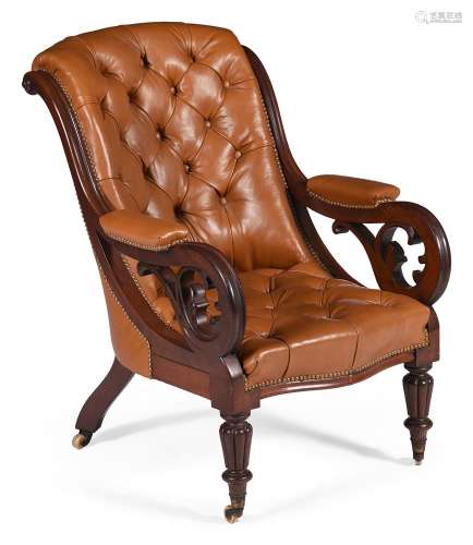 An early Victorian mahogany and buttoned leather upholstered...
