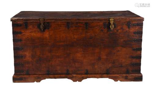 A hardwood and metal mounted chest