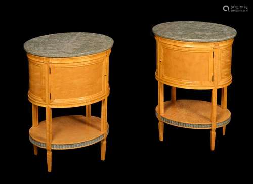 A pair of Russian satin birch marble topped bedside tables