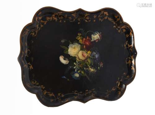 A Victorian black lacquered and painted papier mache tray