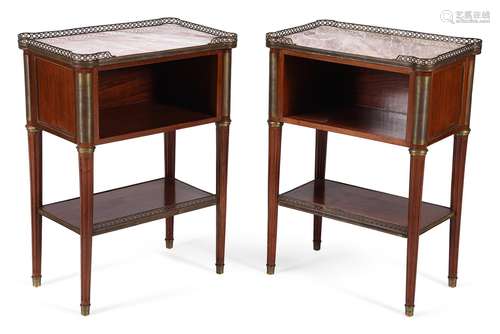 A pair of French mahogany, marble topped, and gilt metal mou...