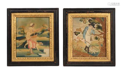 Two similar George III silk-work bucolic framed and glazed p...