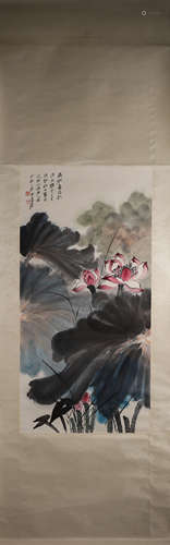 A Chinese lotus painting, Zhang Daqian mark