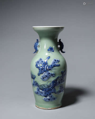 A celadon ground blue and white porcelain double-eared vase