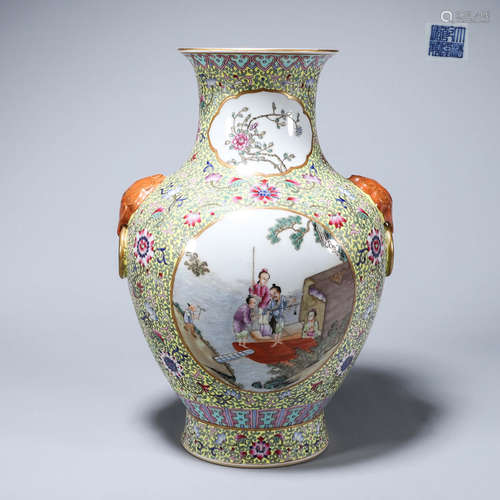 A yellow ground famille rose porcelain zun with elephant hea...