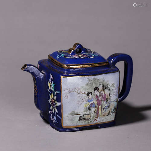 A famille rose figure zisha ceramic squared pot