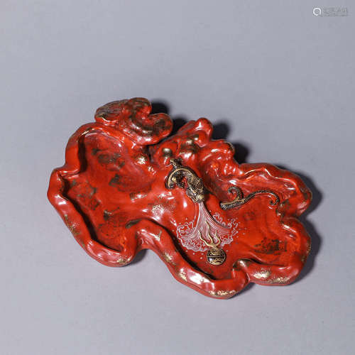 A red glazed gold sprinkled seawater and dragon porcelain br...