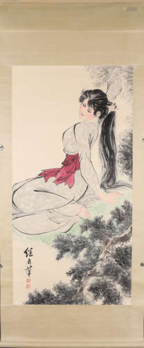 A Chinese figure scroll painting, Liu Jiyou mark