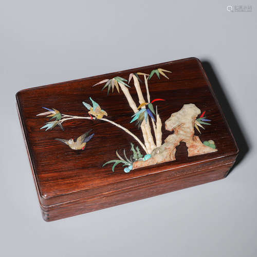 A gem-inlaid bird and flower fragrant rosewood box