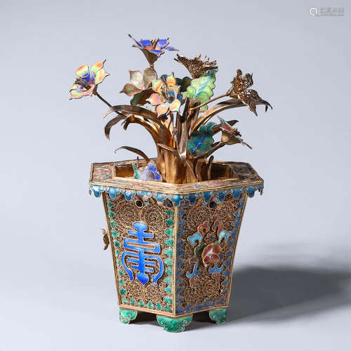 A gilding silver filigree enamel bonsai