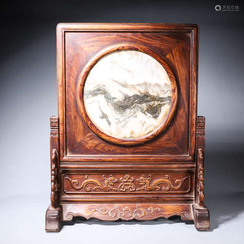 A fragrant rosewood marble-inlaid dragon screen